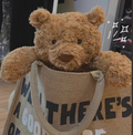 Bartholomew Bear plush toy inside canvas tote bag, portable soft stuffed animal gift