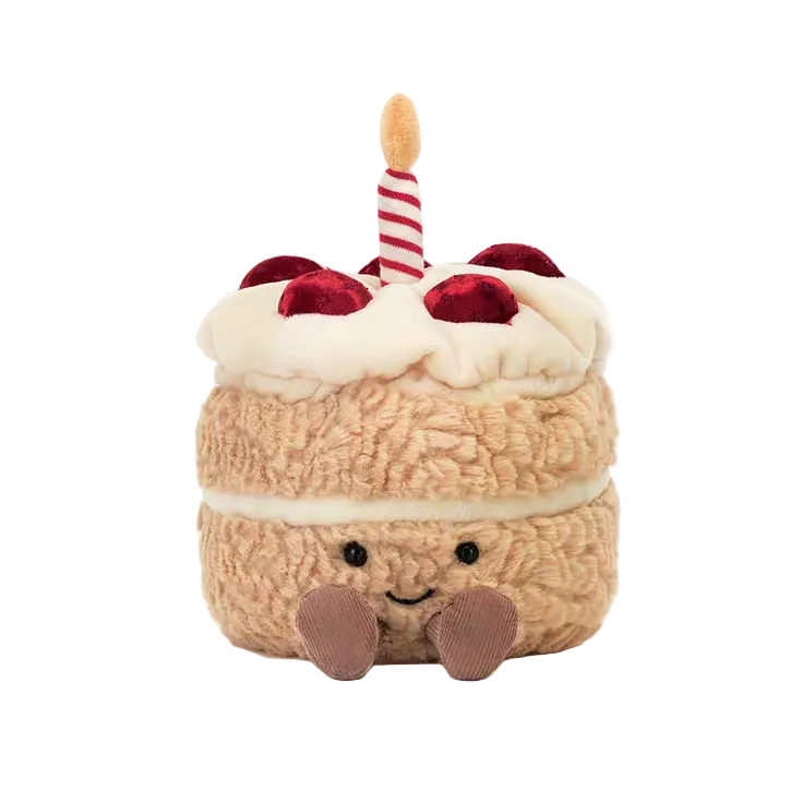 Birthday cake plush toy white background, cuddly stuffed cake gift for birthday party