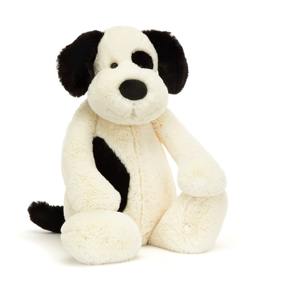 JC Ultra Soft Bashful Black & Cream Puppy Plush Toy, 18cm, Cute Stuffed Animal, Cuddly Emotional Companion, Gift for Kids & Adults, Home Decor