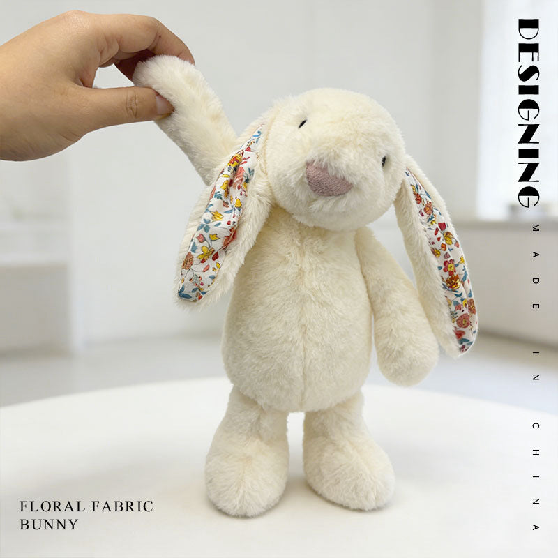 Cream floral ear bunny plush toy, long floppy ear stuffed rabbit with floral fabric