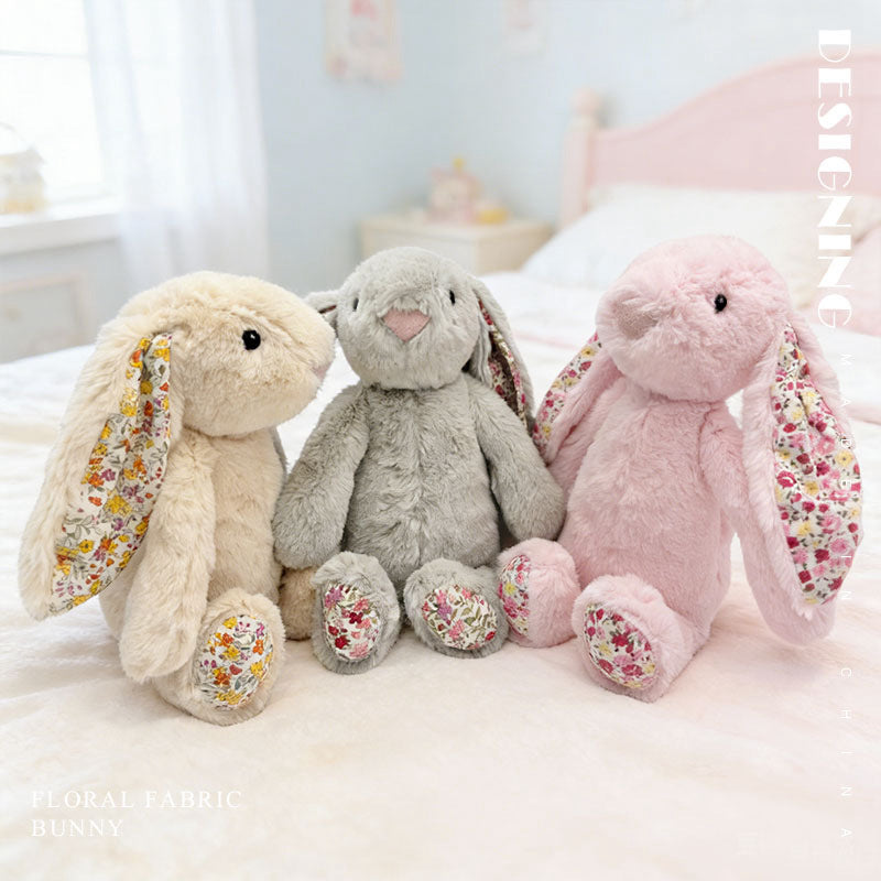 Cute floral ear bunny stuffed animals in 3 colors, soft plush rabbit gift for kids