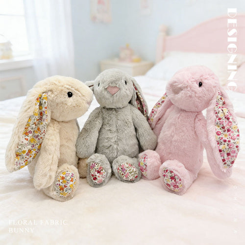 Cute floral ear bunny stuffed animals in 3 colors, soft plush rabbit gift for kids